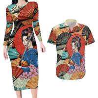 Japanese Geisha Katana Couples Matching Long Sleeve Bodycon Dress and Hawaiian Shirt Japan Sensu Seigaiha Pattern - Polynesian Pride