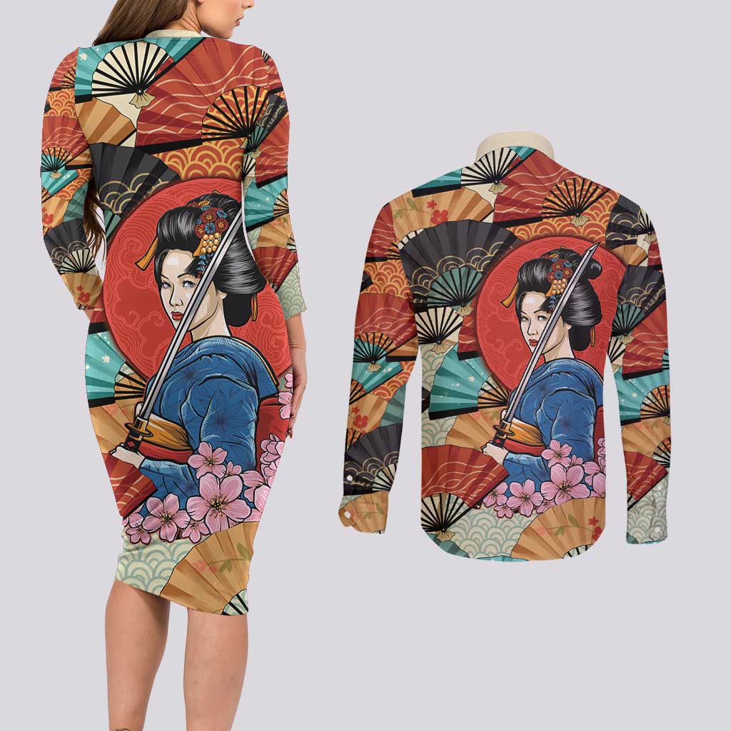 Japanese Geisha Katana Couples Matching Long Sleeve Bodycon Dress and Long Sleeve Button Shirt Japan Sensu Seigaiha Pattern LT14 - Polynesian Pride