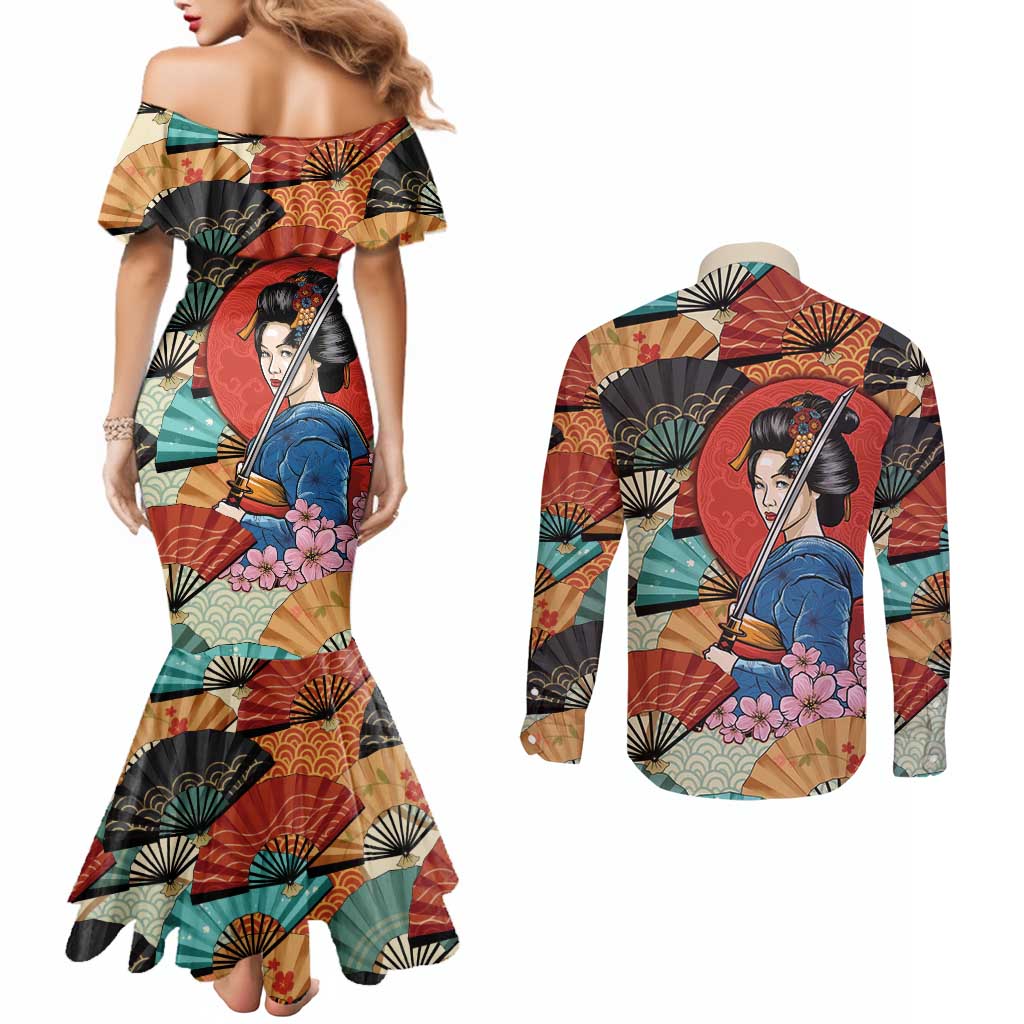 Japanese Geisha Katana Couples Matching Mermaid Dress and Long Sleeve Button Shirt Japan Sensu Seigaiha Pattern LT14 - Polynesian Pride