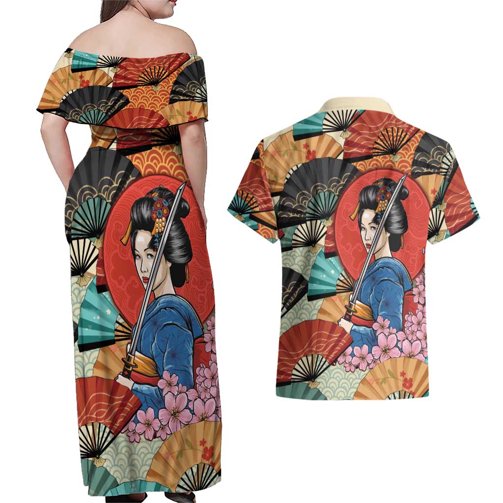 Japanese Geisha Katana Couples Matching Off Shoulder Maxi Dress and Hawaiian Shirt Japan Sensu Seigaiha Pattern LT14 - Polynesian Pride
