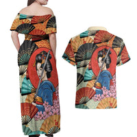 Japanese Geisha Katana Couples Matching Off Shoulder Maxi Dress and Hawaiian Shirt Japan Sensu Seigaiha Pattern LT14 - Polynesian Pride