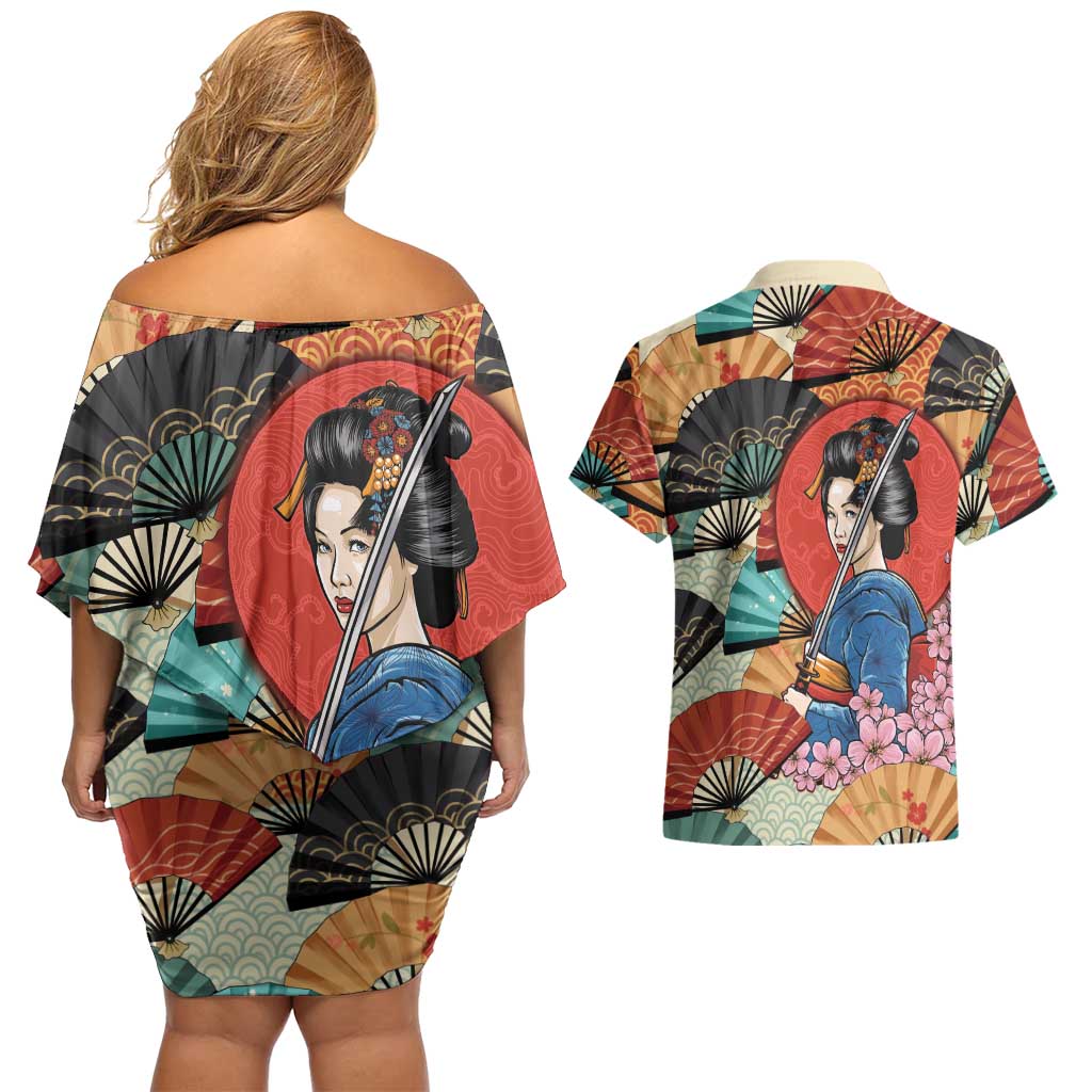 Japanese Geisha Katana Couples Matching Off Shoulder Short Dress and Hawaiian Shirt Japan Sensu Seigaiha Pattern LT14 - Polynesian Pride