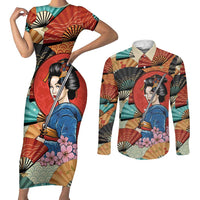 Japanese Geisha Katana Couples Matching Short Sleeve Bodycon Dress and Long Sleeve Button Shirt Japan Sensu Seigaiha Pattern LT14 Multicolor - Polynesian Pride
