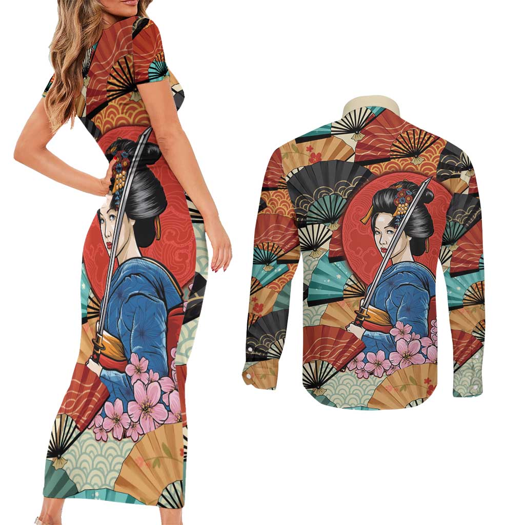 Japanese Geisha Katana Couples Matching Short Sleeve Bodycon Dress and Long Sleeve Button Shirt Japan Sensu Seigaiha Pattern LT14 - Polynesian Pride