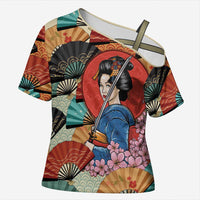 Japanese Geisha Katana Cross Shoulder Shirt Japan Sensu Seigaiha Pattern - Polynesian Pride