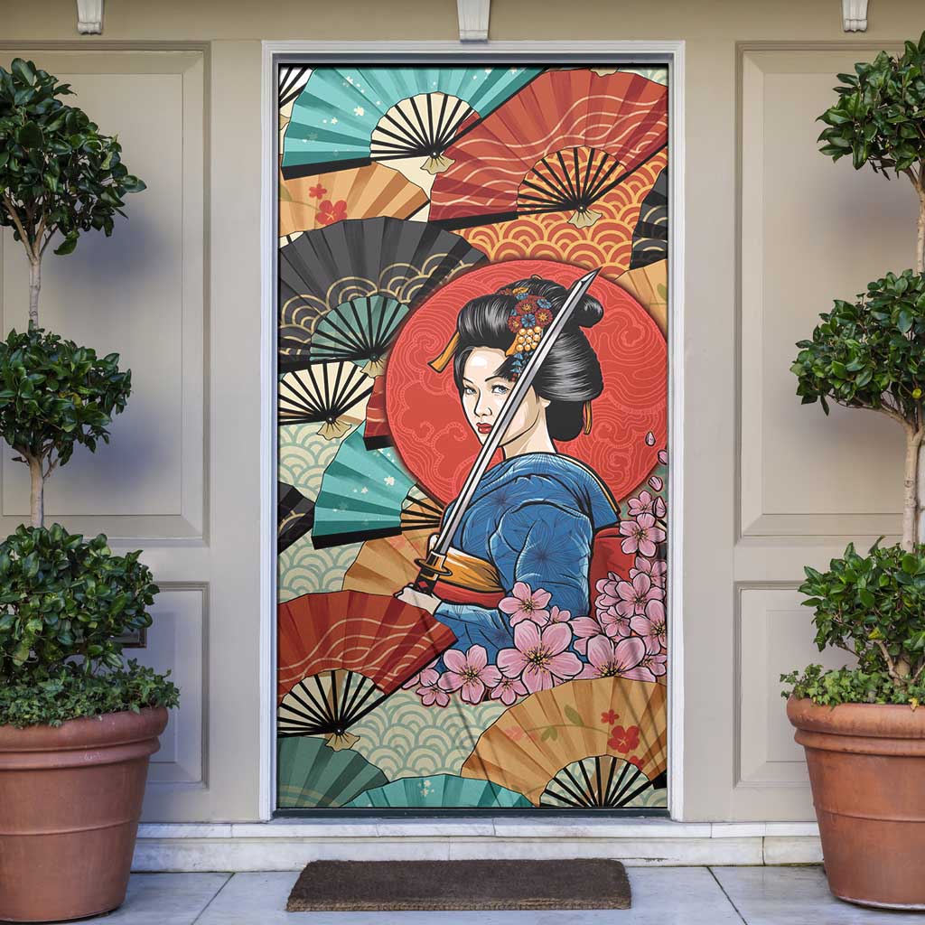 Japanese Geisha Katana Door Cover Japan Sensu Seigaiha Pattern - Polynesian Pride