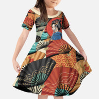 Japanese Geisha Katana Family Matching Mermaid Dress and Hawaiian Shirt Japan Sensu Seigaiha Pattern LT14 Daughter's Dress Multicolor - Polynesian Pride