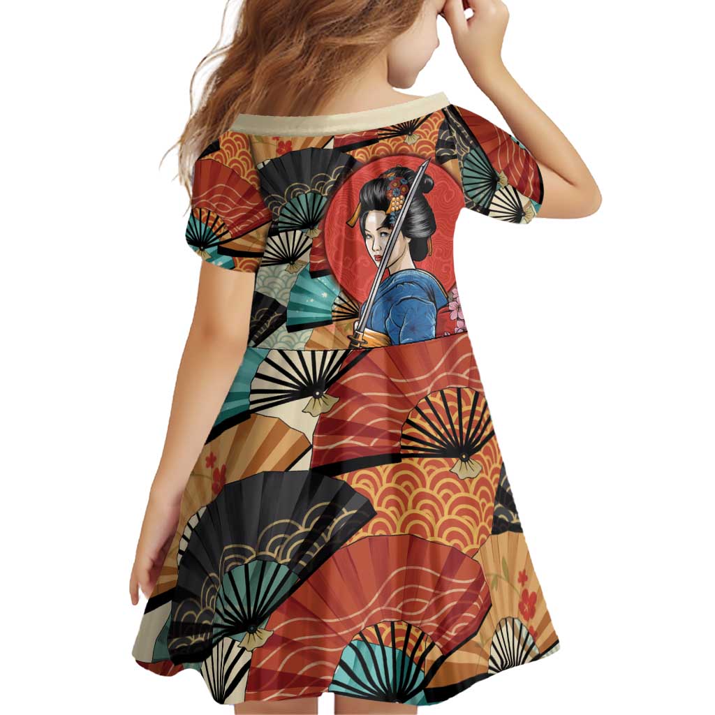 Japanese Geisha Katana Family Matching Off The Shoulder Long Sleeve Dress and Hawaiian Shirt Japan Sensu Seigaiha Pattern LT14 - Polynesian Pride