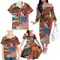 Japanese Geisha Katana Family Matching Off The Shoulder Long Sleeve Dress and Hawaiian Shirt Japan Sensu Seigaiha Pattern LT14 - Polynesian Pride