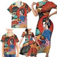 Japanese Geisha Katana Family Matching Short Sleeve Bodycon Dress and Hawaiian Shirt Japan Sensu Seigaiha Pattern LT14 - Polynesian Pride