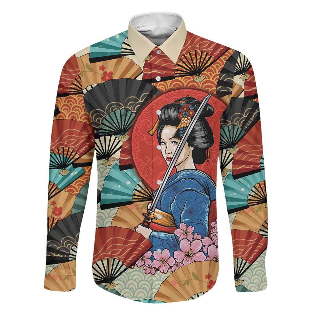 Japanese Geisha Katana Family Matching Short Sleeve Bodycon Dress and Hawaiian Shirt Japan Sensu Seigaiha Pattern LT14 Dad's Shirt - Long Sleeve Multicolor - Polynesian Pride