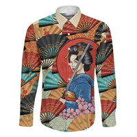 Japanese Geisha Katana Family Matching Short Sleeve Bodycon Dress and Hawaiian Shirt Japan Sensu Seigaiha Pattern LT14 Dad's Shirt - Long Sleeve Multicolor - Polynesian Pride