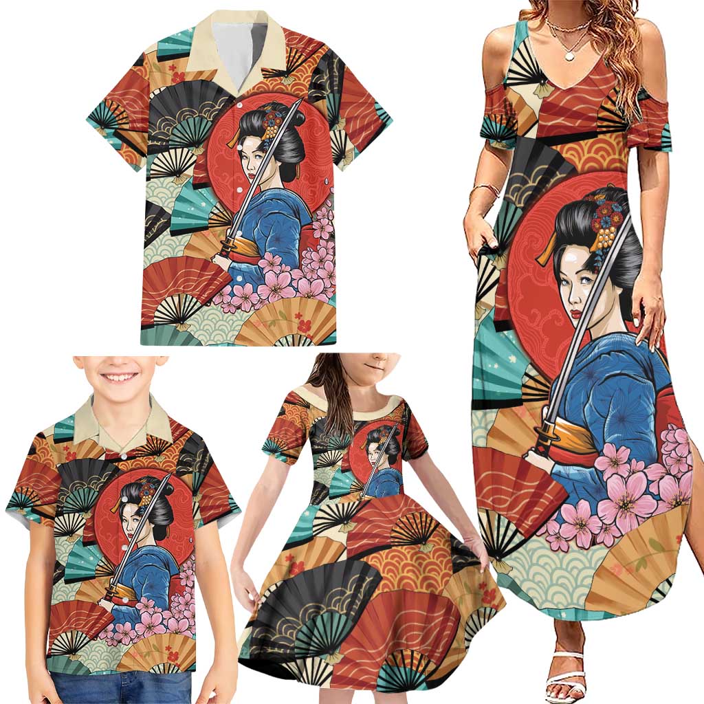 Japanese Geisha Katana Family Matching Summer Maxi Dress and Hawaiian Shirt Japan Sensu Seigaiha Pattern LT14 - Polynesian Pride