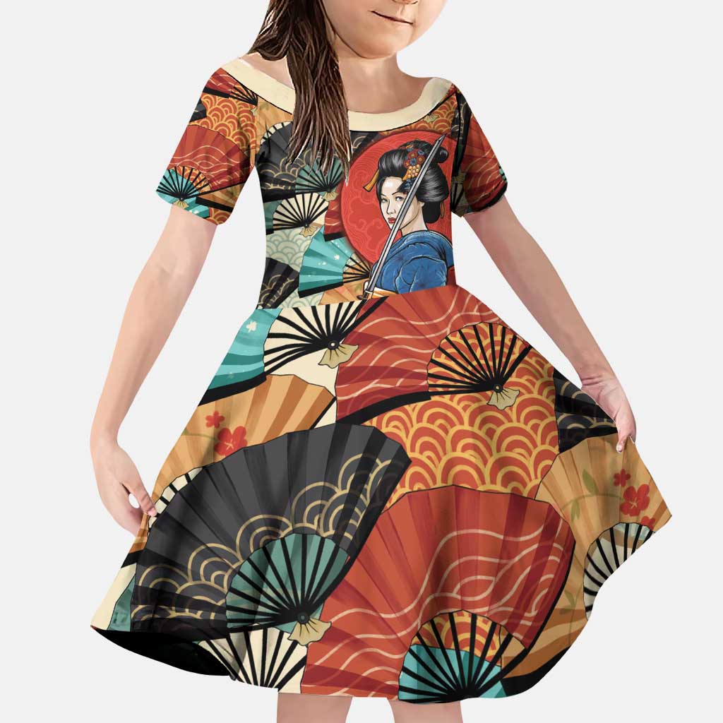 Japanese Geisha Katana Family Matching Tank Maxi Dress and Hawaiian Shirt Japan Sensu Seigaiha Pattern LT14 Daughter's Dress Multicolor - Polynesian Pride