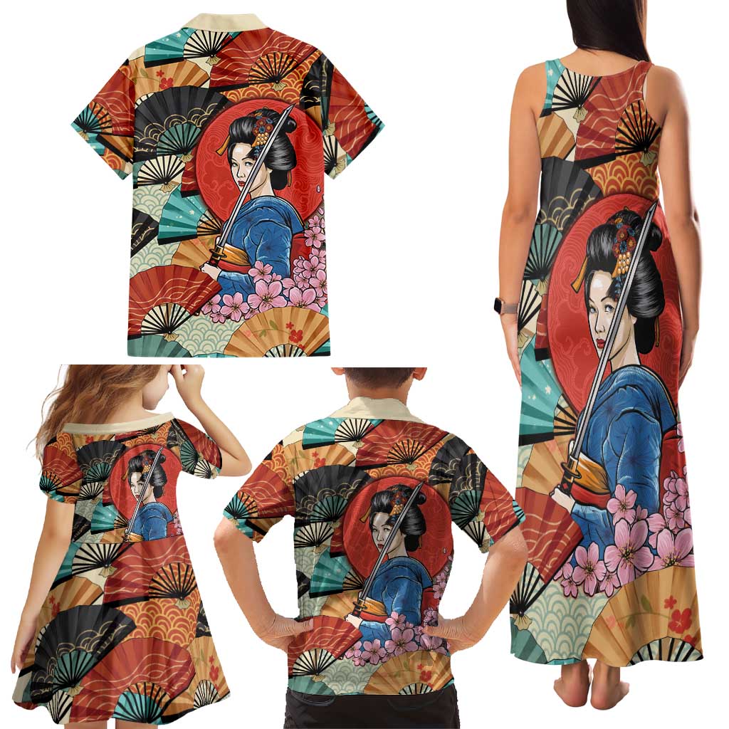 Japanese Geisha Katana Family Matching Tank Maxi Dress and Hawaiian Shirt Japan Sensu Seigaiha Pattern LT14 - Polynesian Pride