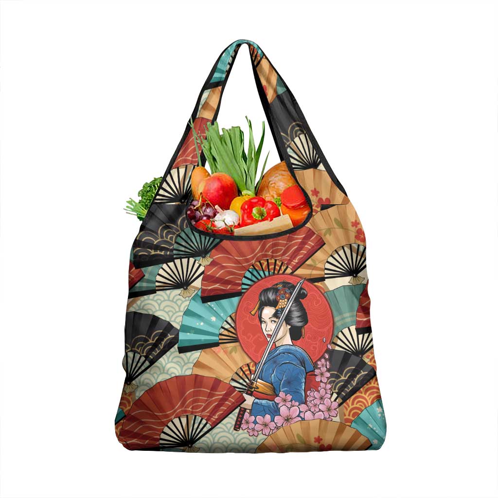 Japanese Geisha Katana Grocery Bag Japan Sensu Seigaiha Pattern - Polynesian Pride