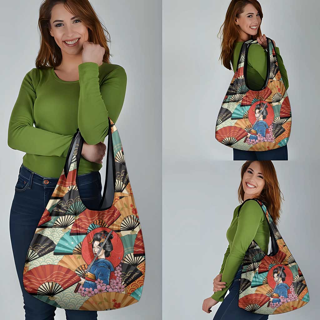 Japanese Geisha Katana Grocery Bag Japan Sensu Seigaiha Pattern - Polynesian Pride