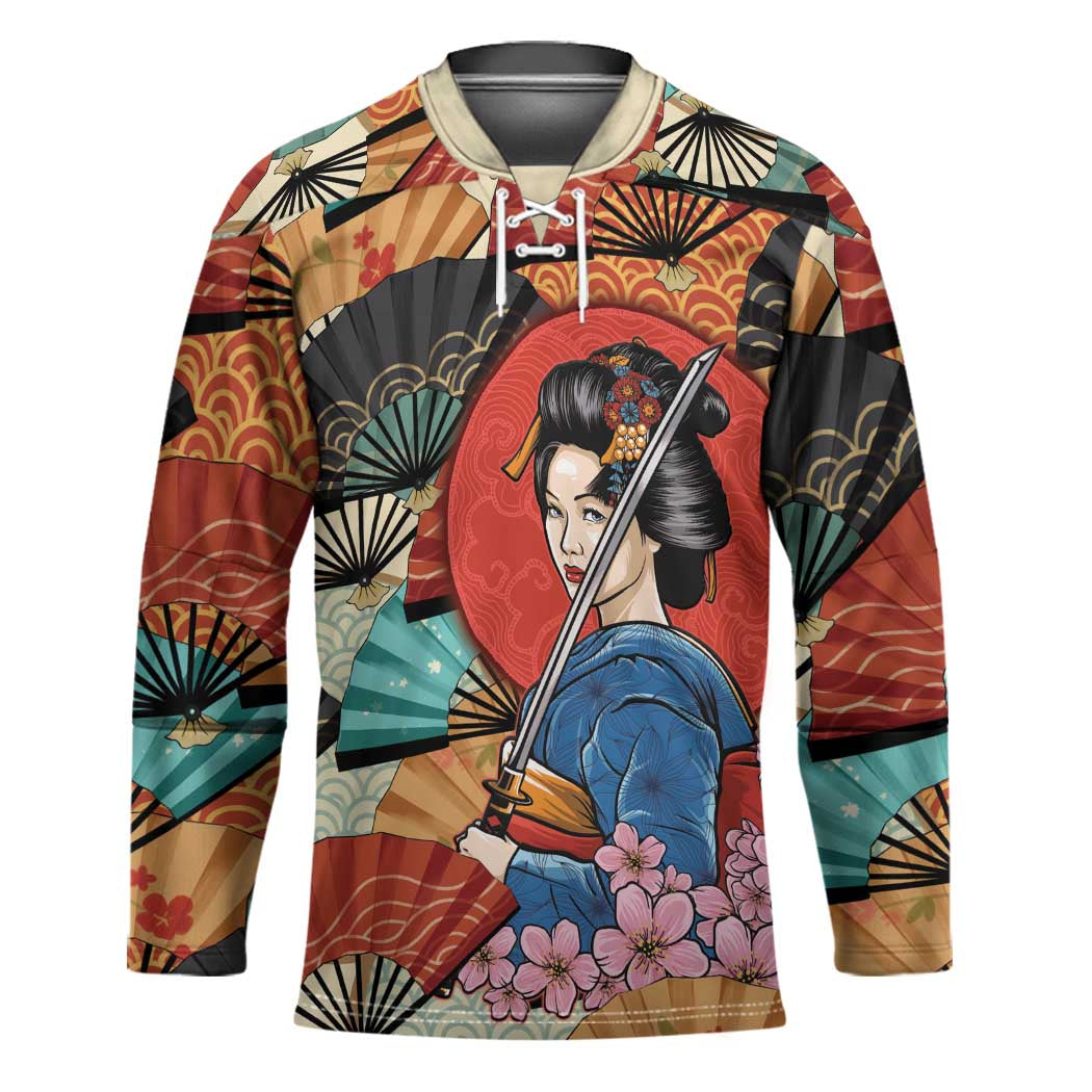 Japanese Geisha Katana Hockey Jersey Japan Sensu Seigaiha Pattern LT14 Unisex Multicolor - Polynesian Pride