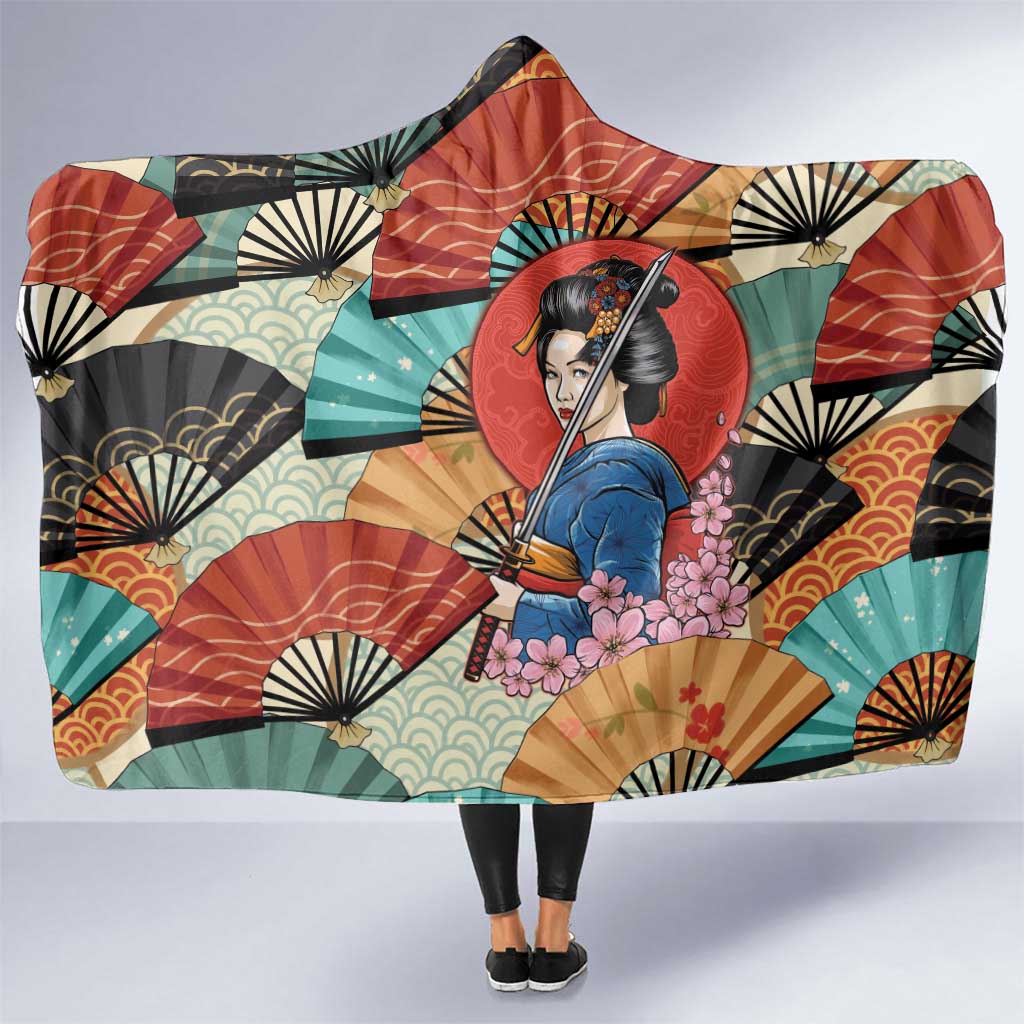 Japanese Geisha Katana Hooded Blanket Japan Sensu Seigaiha Pattern LT14 One Size Multicolor - Polynesian Pride