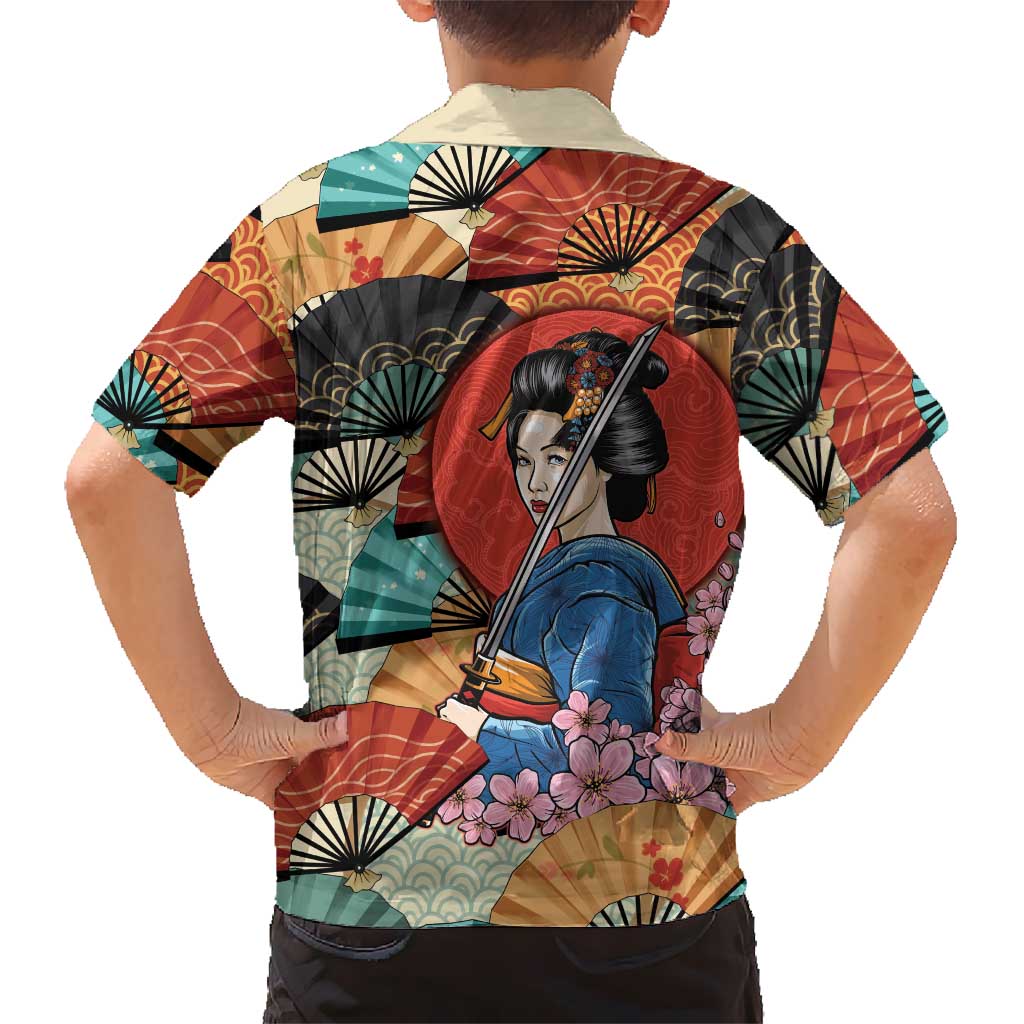 Japanese Geisha Katana Kid Hawaiian Shirt Japan Sensu Seigaiha Pattern - Polynesian Pride
