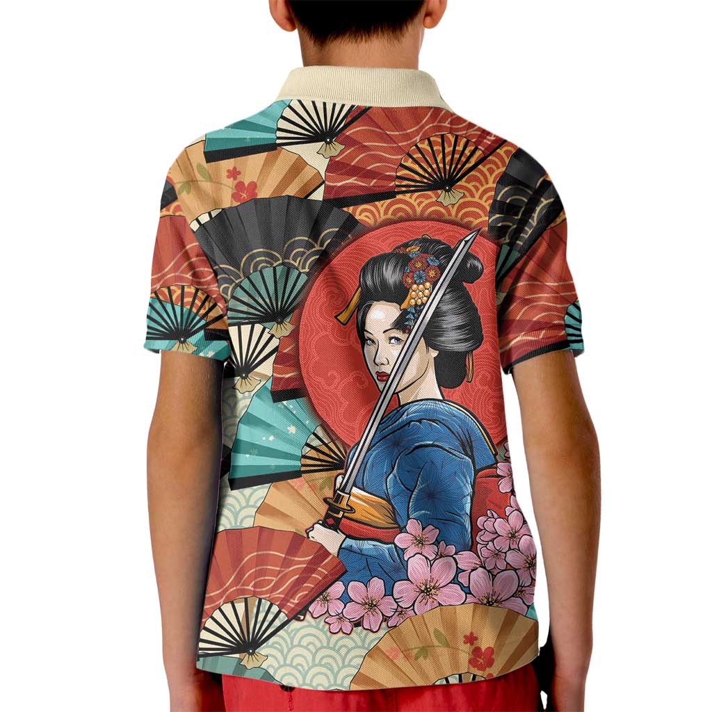 Japanese Geisha Katana Kid Polo Shirt Japan Sensu Seigaiha Pattern - Polynesian Pride