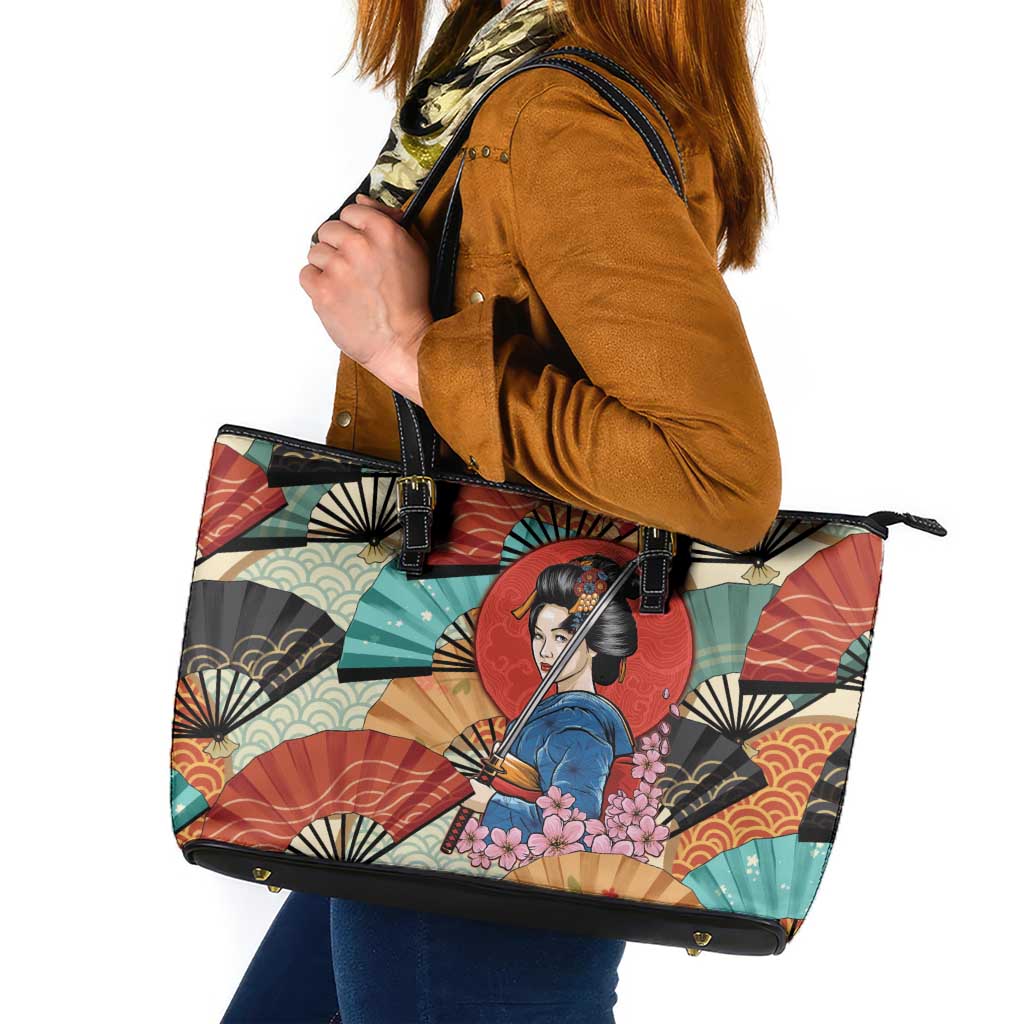 Japanese Geisha Katana Leather Tote Bag Japan Sensu Seigaiha Pattern - Polynesian Pride