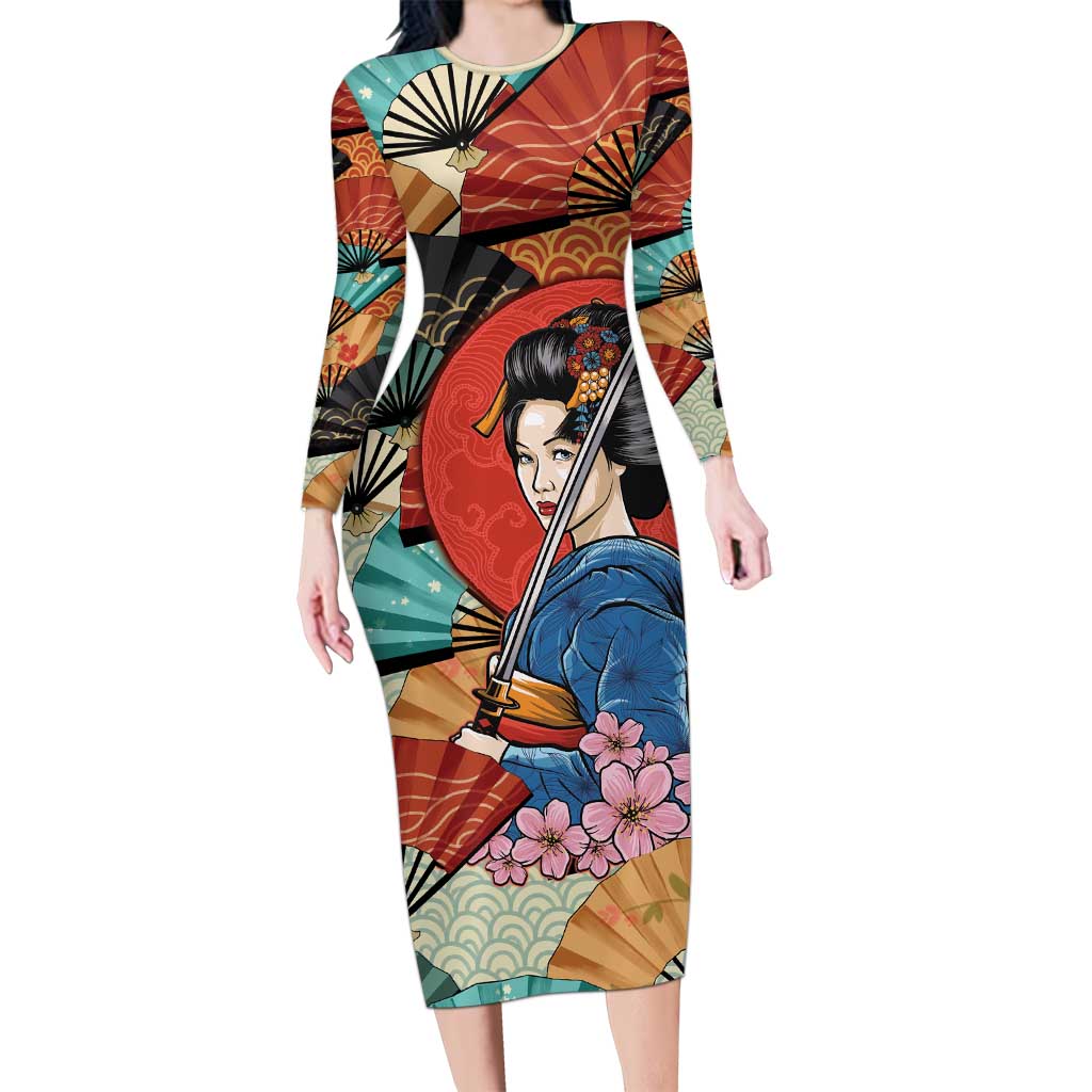 Japanese Geisha Katana Long Sleeve Bodycon Dress Japan Sensu Seigaiha Pattern LT14 Long Dress Multicolor - Polynesian Pride