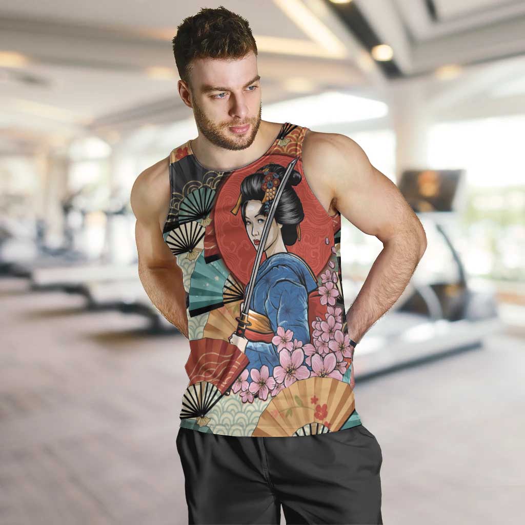 Japanese Geisha Katana Men Tank Top Japan Sensu Seigaiha Pattern LT14 Multicolor - Polynesian Pride