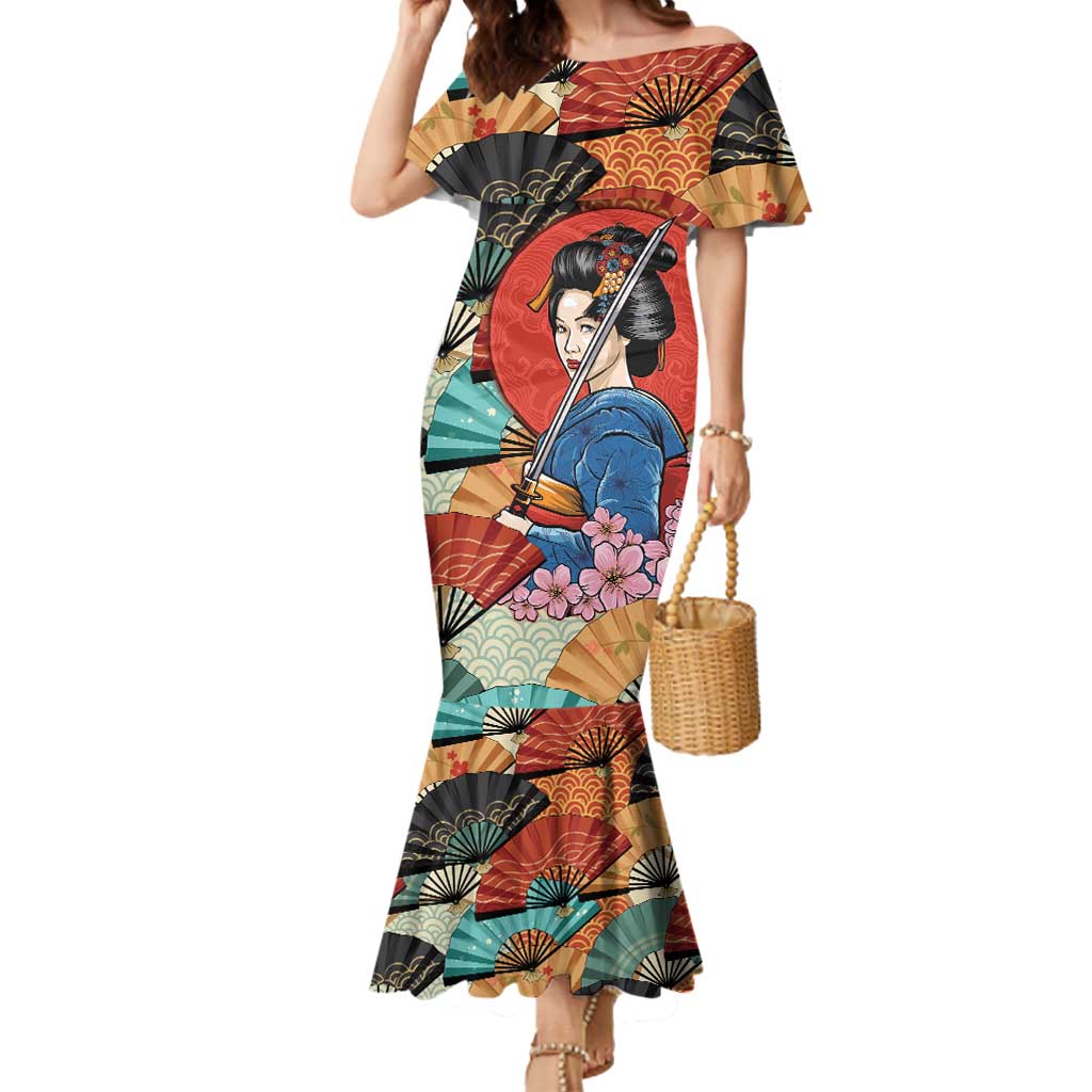 Japanese Geisha Katana Mermaid Dress Japan Sensu Seigaiha Pattern - Polynesian Pride
