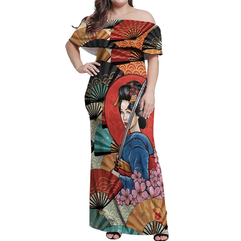 Japanese Geisha Katana Off Shoulder Maxi Dress Japan Sensu Seigaiha Pattern LT14 Women Multicolor - Polynesian Pride