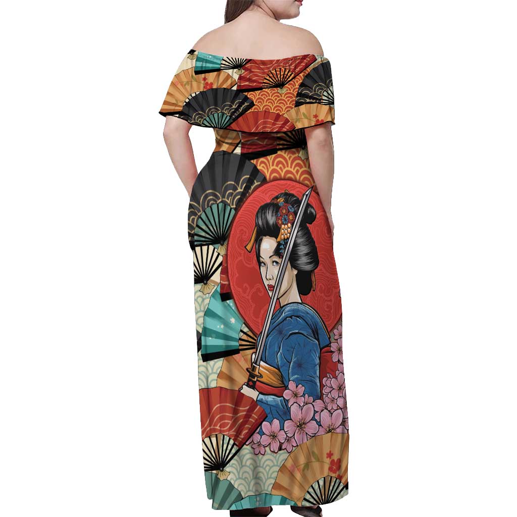 Japanese Geisha Katana Off Shoulder Maxi Dress Japan Sensu Seigaiha Pattern LT14 - Polynesian Pride