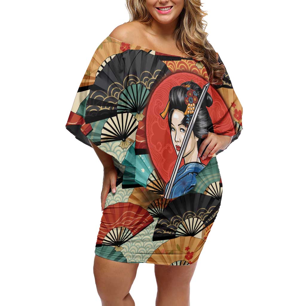Japanese Geisha Katana Off Shoulder Short Dress Japan Sensu Seigaiha Pattern LT14 Women Multicolor - Polynesian Pride