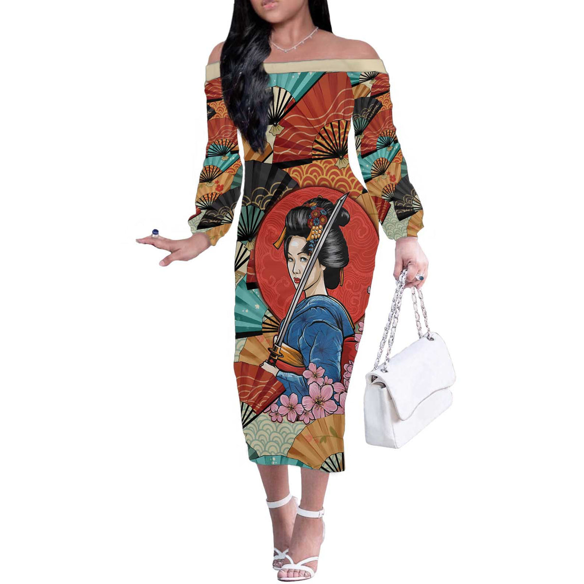 Japanese Geisha Katana Off The Shoulder Long Sleeve Dress Japan Sensu Seigaiha Pattern LT14 Women Multicolor - Polynesian Pride