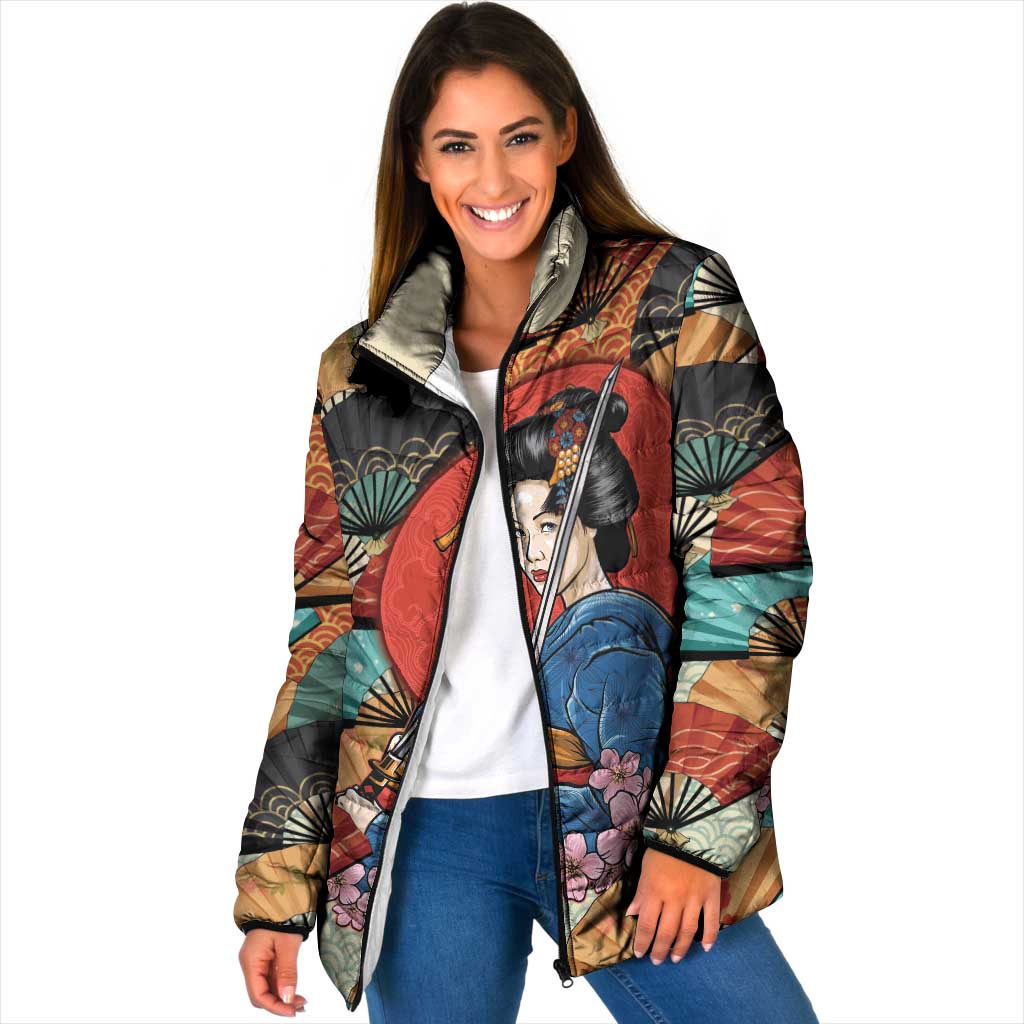 Japanese Geisha Katana Padded Jacket Japan Sensu Seigaiha Pattern LT14 Women Multicolor - Polynesian Pride