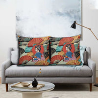 Japanese Geisha Katana Pillow Cover Japan Sensu Seigaiha Pattern - Polynesian Pride