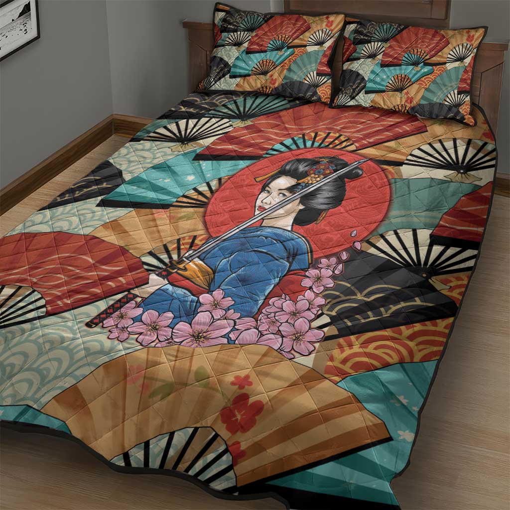 Japanese Geisha Katana Quilt Bed Set Japan Sensu Seigaiha Pattern - Polynesian Pride
