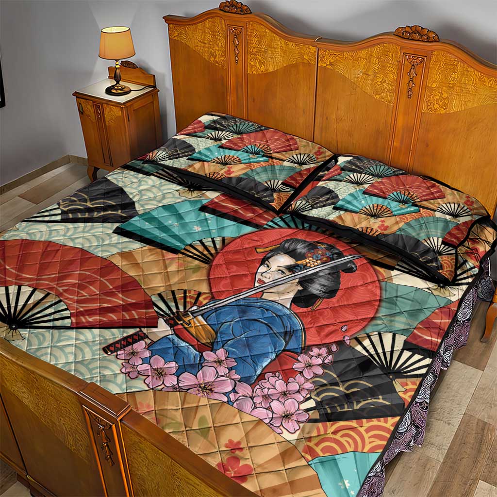 Japanese Geisha Katana Quilt Bed Set Japan Sensu Seigaiha Pattern - Polynesian Pride