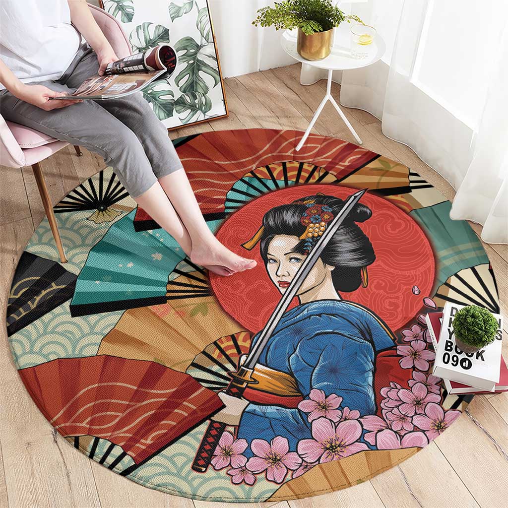 Japanese Geisha Katana Round Carpet Japan Sensu Seigaiha Pattern - Polynesian Pride