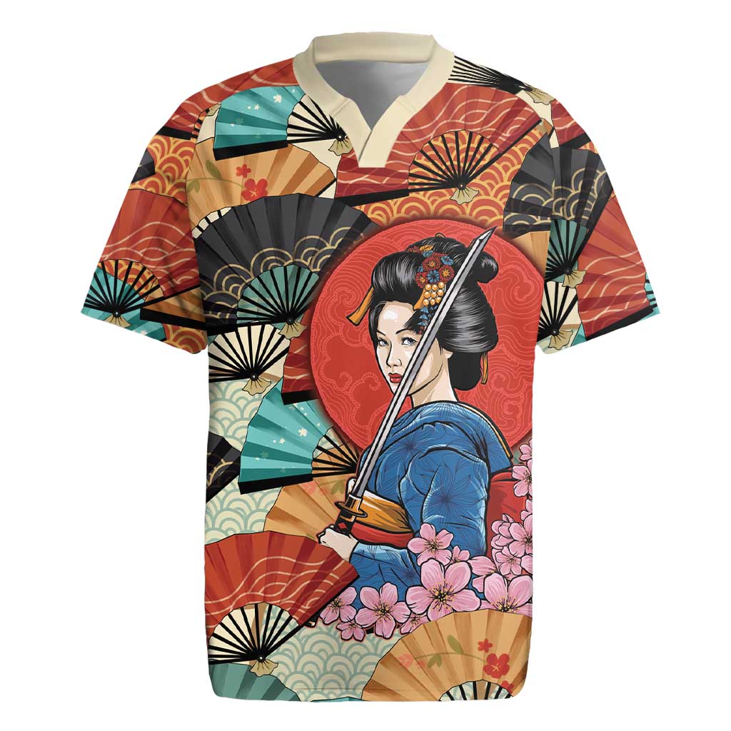 Japanese Geisha Katana Rugby Jersey Japan Sensu Seigaiha Pattern - Polynesian Pride
