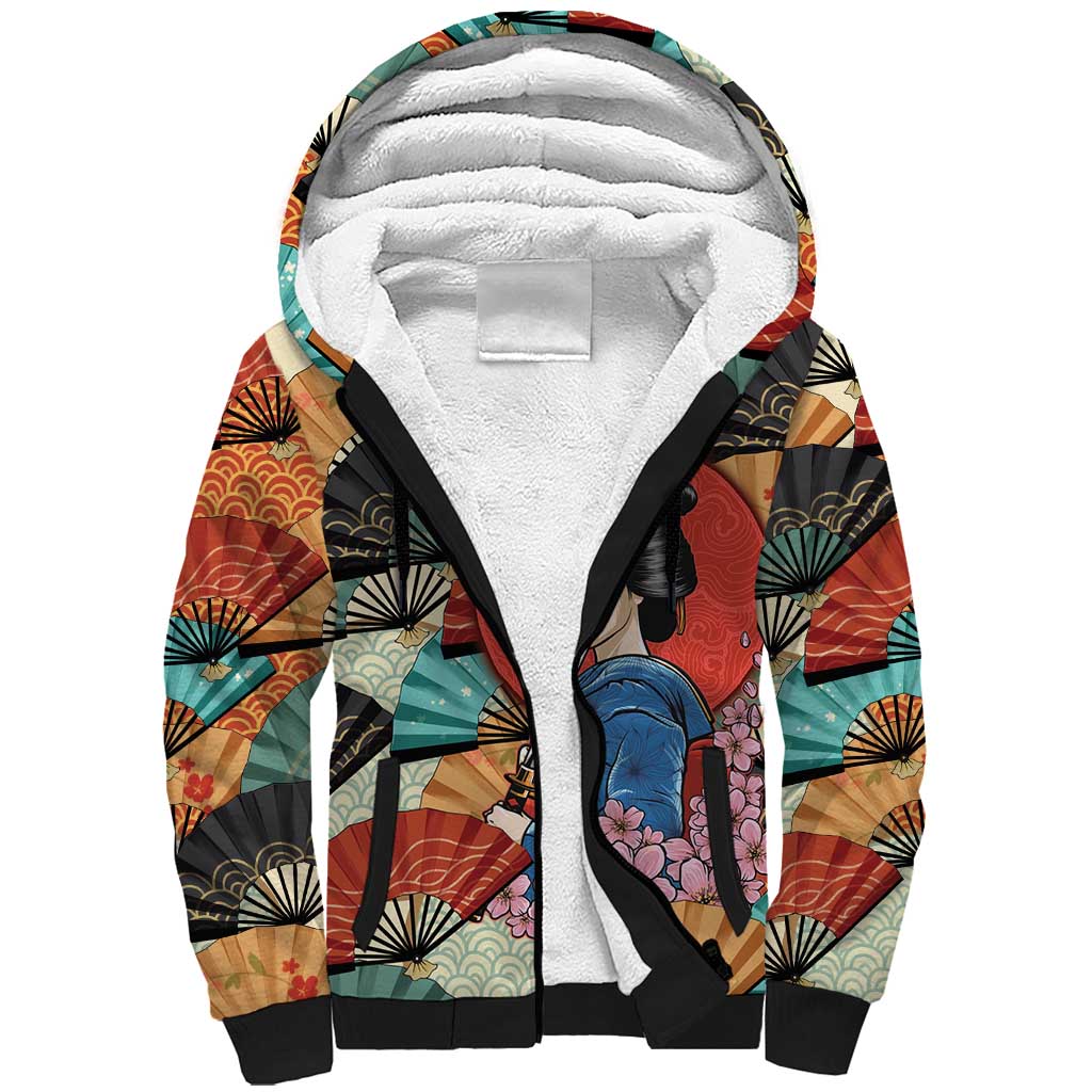 Japanese Geisha Katana Sherpa Hoodie Japan Sensu Seigaiha Pattern - Polynesian Pride