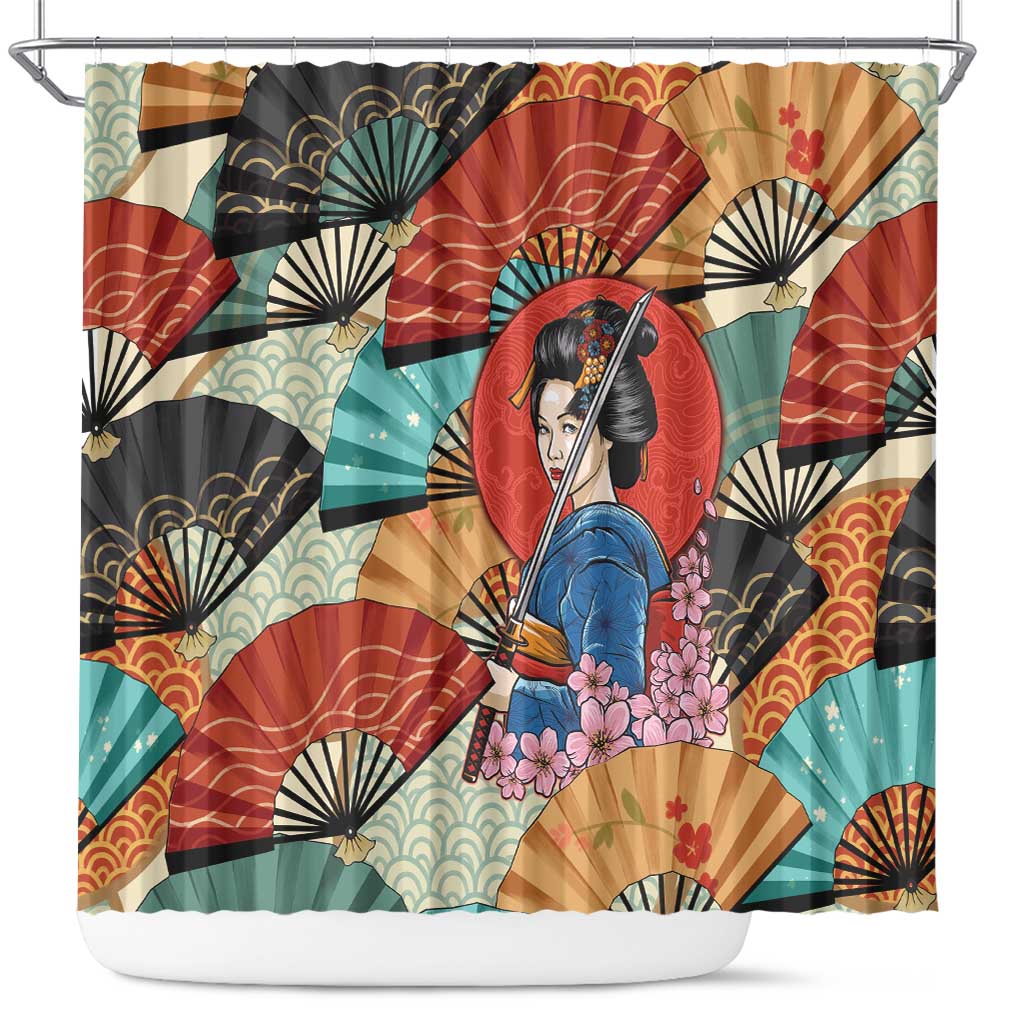 Japanese Geisha Katana Shower Curtain Japan Sensu Seigaiha Pattern LT14 Multicolor - Polynesian Pride