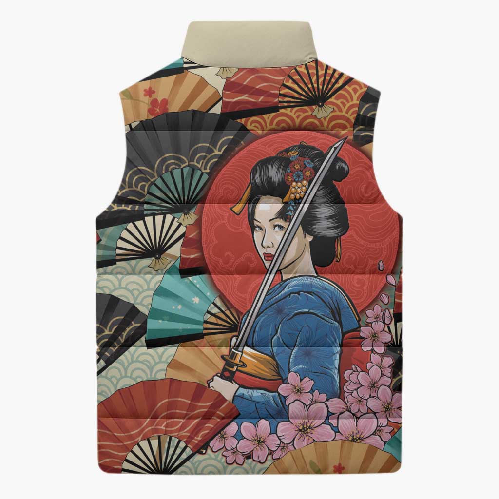 Japanese Geisha Katana Sleeveless Puffer Jacket Japan Sensu Seigaiha Pattern LT14 - Polynesian Pride
