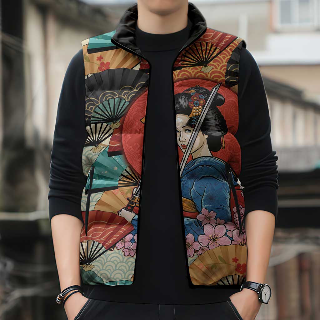 Japanese Geisha Katana Sleeveless Puffer Jacket Japan Sensu Seigaiha Pattern LT14 - Polynesian Pride