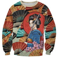 Japanese Geisha Katana Sweatshirt Japan Sensu Seigaiha Pattern LT14 Unisex Multicolor - Polynesian Pride