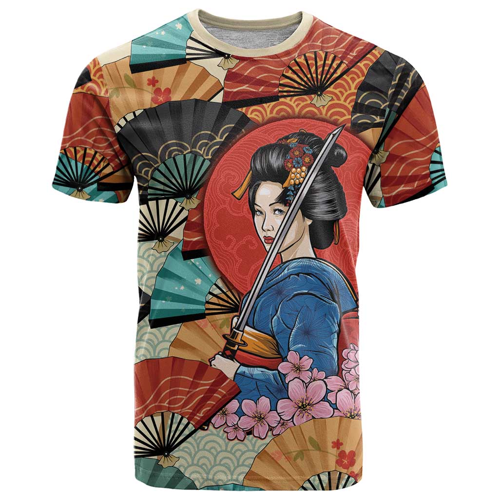 Japanese Geisha Katana T Shirt Japan Sensu Seigaiha Pattern - Polynesian Pride