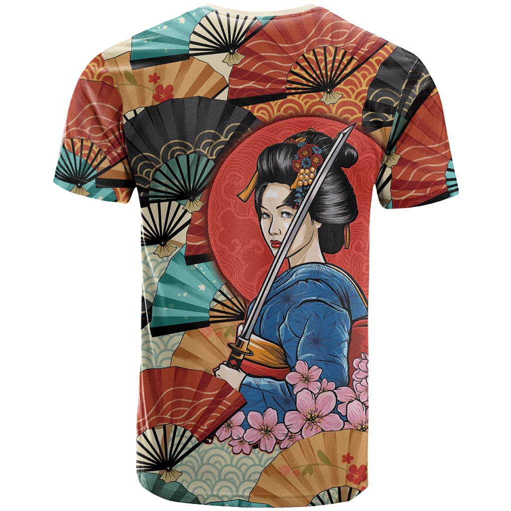 Japanese Geisha Katana T Shirt Japan Sensu Seigaiha Pattern - Polynesian Pride