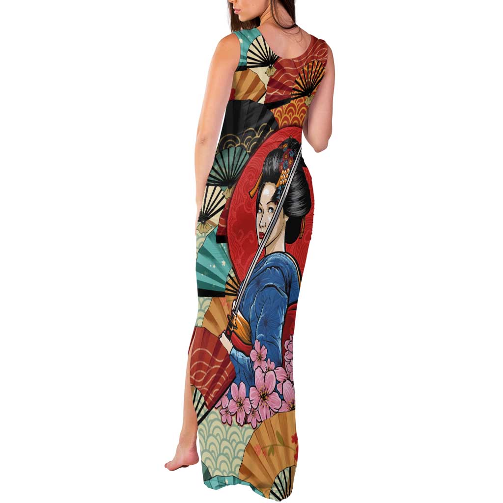 Japanese Geisha Katana Tank Maxi Dress Japan Sensu Seigaiha Pattern - Polynesian Pride