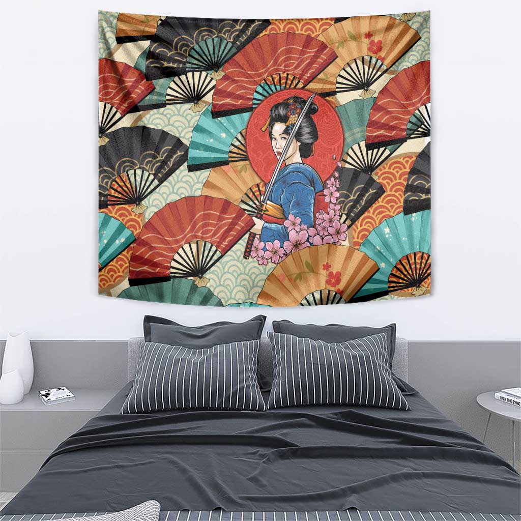 Japanese Geisha Katana Tapestry Japan Sensu Seigaiha Pattern - Polynesian Pride