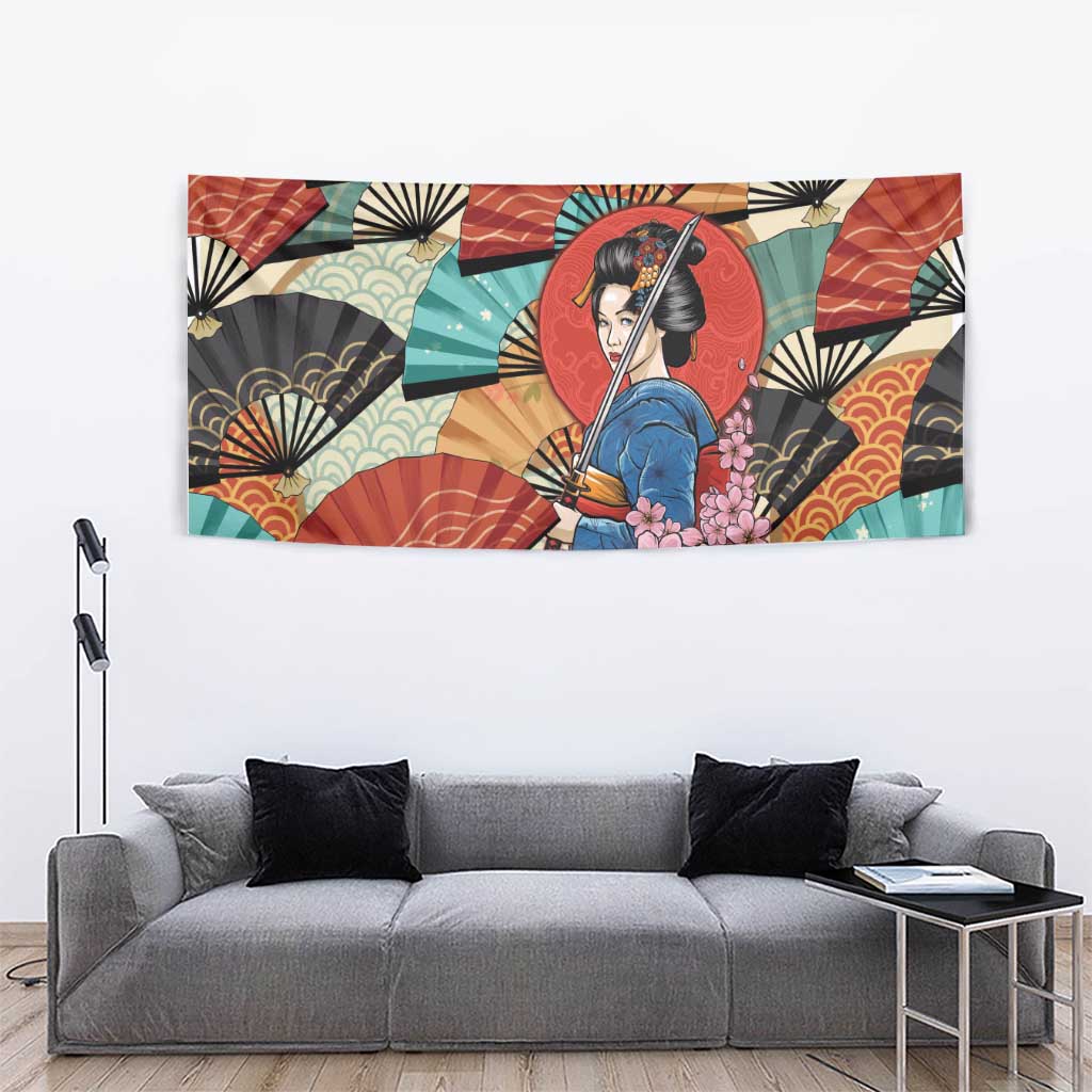 Japanese Geisha Katana Tapestry Japan Sensu Seigaiha Pattern - Polynesian Pride