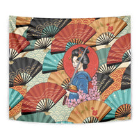 Japanese Geisha Katana Tapestry Japan Sensu Seigaiha Pattern - Polynesian Pride